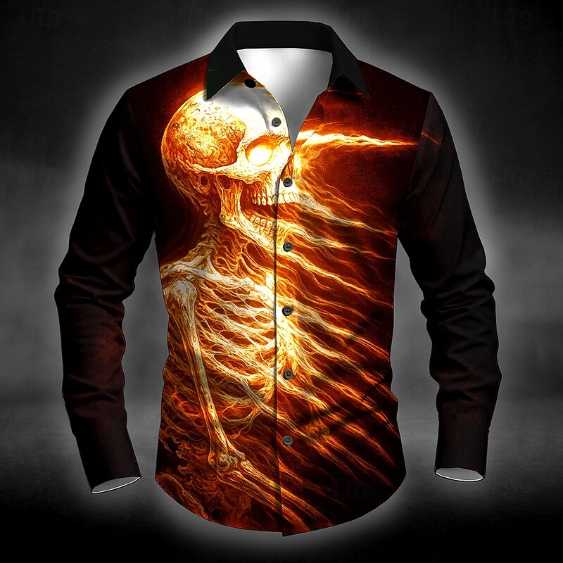 Halloween Men's Skull Flame Halloween Costumes Shirt Button Up Shirt Long Sleeve Dark Punk Gothic Style Outdoor Holiday Summer Spring Turndown 3D Print Collared Shirts Blue Purple Orange Green Gray2