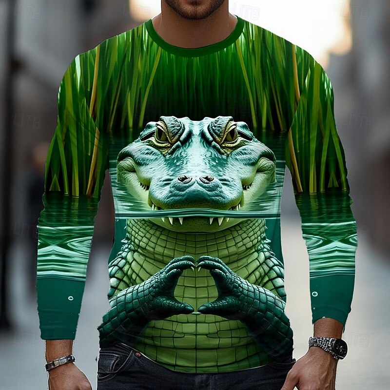 Men's Crocodile 3D T Shirt Long Sleeve T shirt 3D Print Crew Neck Shirt Fashion Basic Street Casual Daily Green 1# Green 2# Green 3# Summer Spring Clothing Apparel S M L XL XXL XXXL4