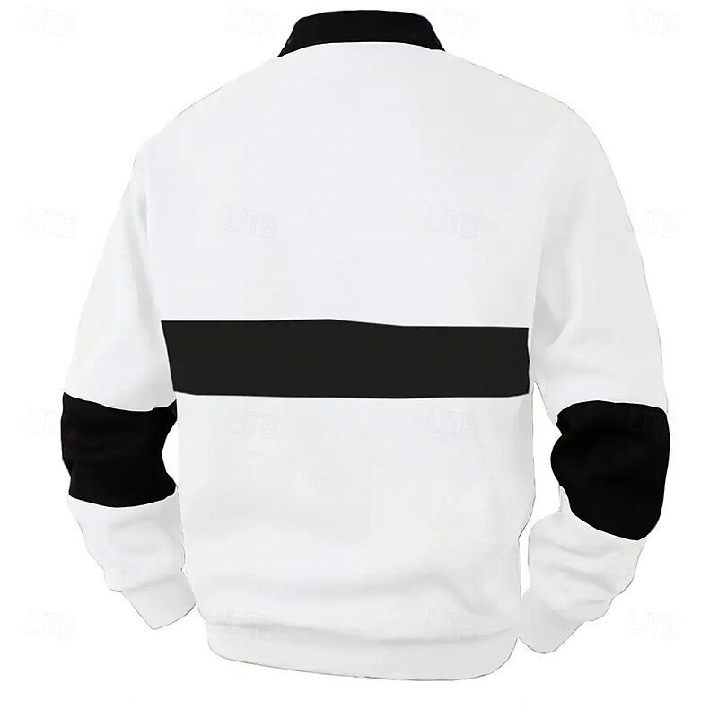 Men's Horizontal Stripes Rugby Polo Cable Knit Polo Long Sleeve Polo Shirts Collared Shirts Casual Outdoor Athleisure Daily Wear 3D Print Buttons Spring Fall Black White Gray4