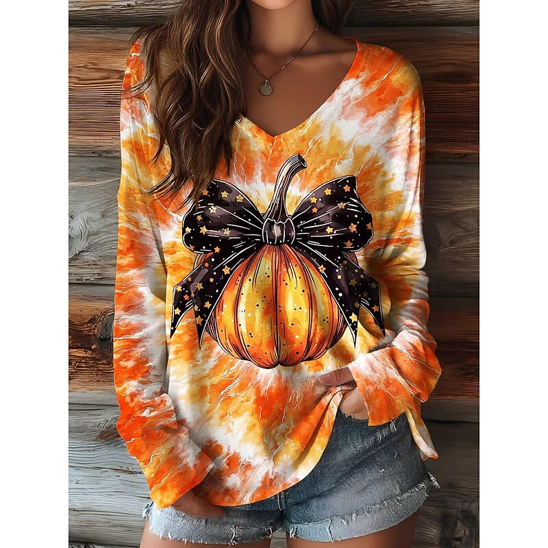 Halloween Women's T shirt Pumpkin Graphic Vintage Stylish Casual Long Sleeve V Neck Regular Tops Daily Weekend Print Black Yellow Orange Brown Spring Fall