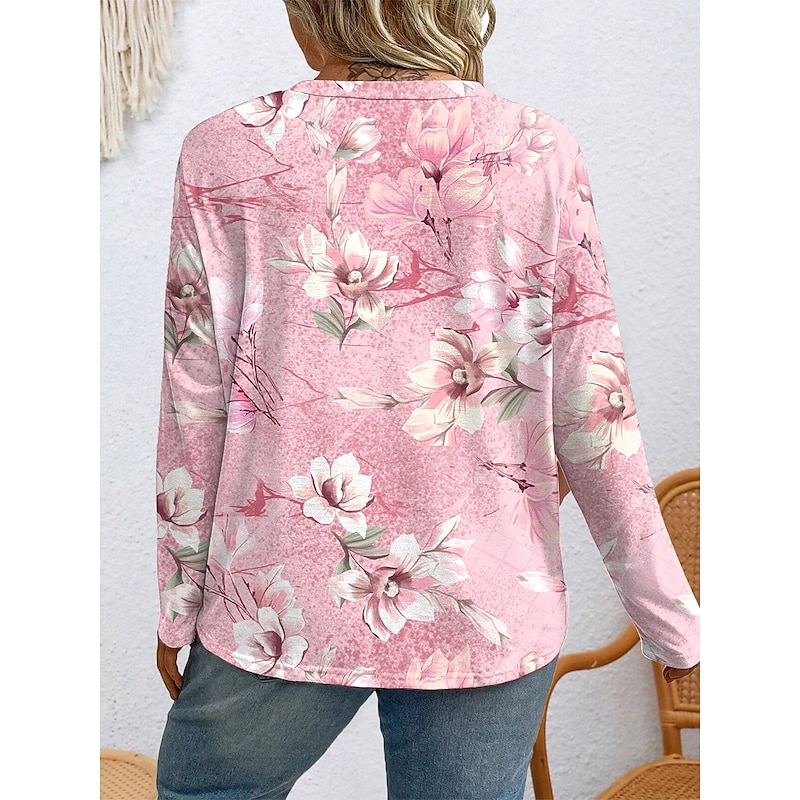 Women's Plus Size Tops T Shirt Floral Graphic Print Long Sleeve Crew Neck Casual Daily Polyester Fall Winter Pink Blue2