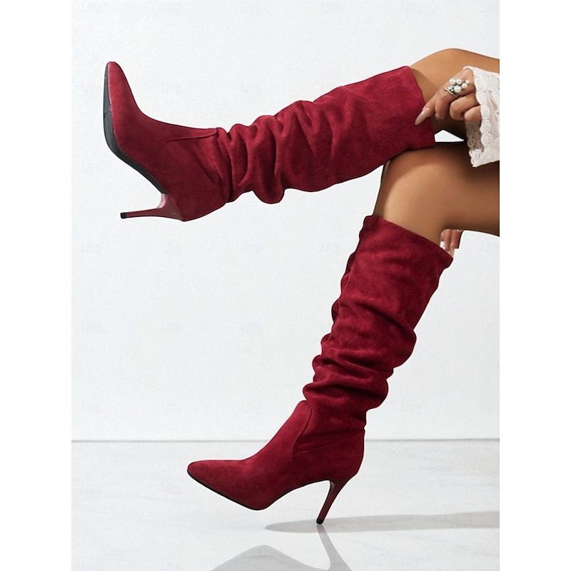 Women's Beige Faux Suede Slouch Knee High Boots with Stiletto Heel - Fashion Fall Footwear for Stylish Daily and Date Outfits4