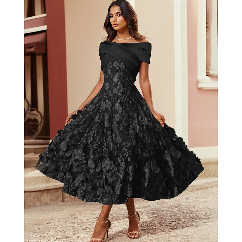 A-Line CocktailDresses Elegant Dress Formal Wedding Tea Length Sleeveless Shirt Collar Satin with Pleats Ruched Embroidered Applique2