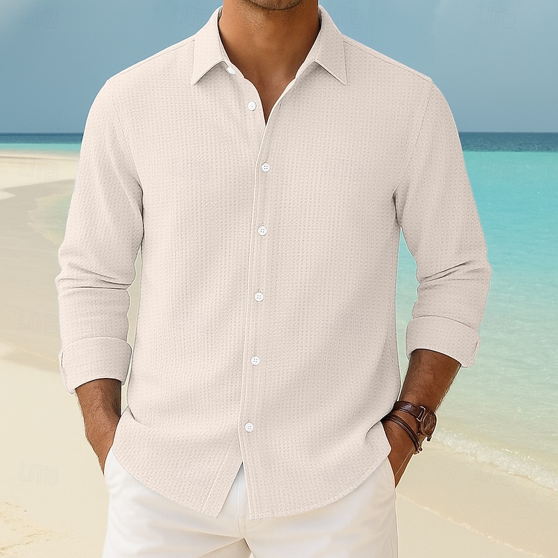 Men's Shirt Waffle Shirt Summer Shirt Casual Shirt Button Up Shirt Black White khaki Light Blue Long Sleeve Plain Lapel Vacation Casual Clothing Apparel Fashion Casual Comfortable