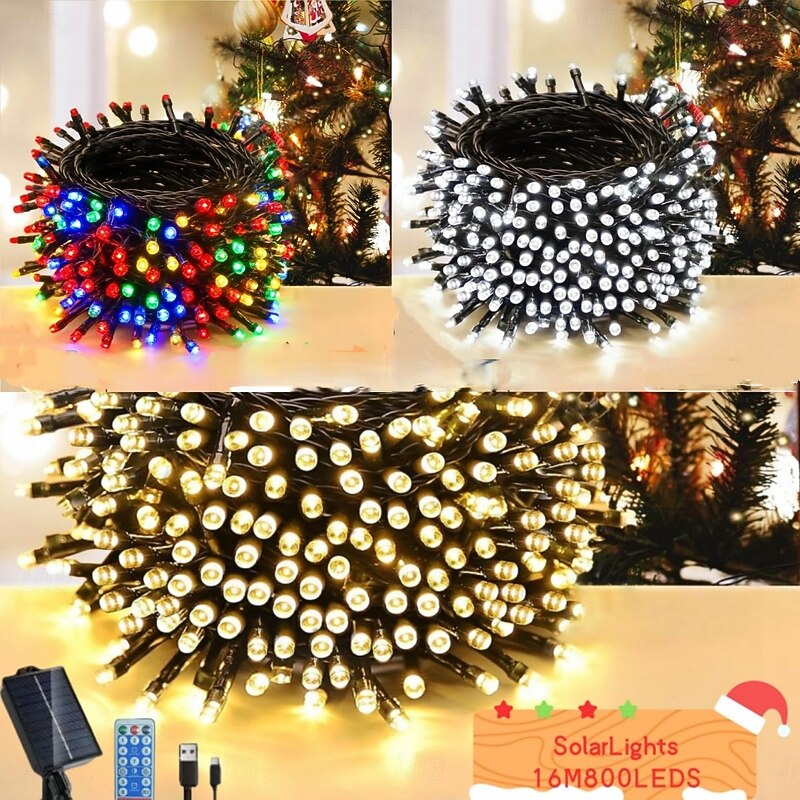 15m String Lights 800 LEDs EL 5mm 1Set Mounting Bracket 1 set Warm White Cold White Multi Color Creative String Lights Holiday Lights Solar Outdoor Holiday Solar Powered