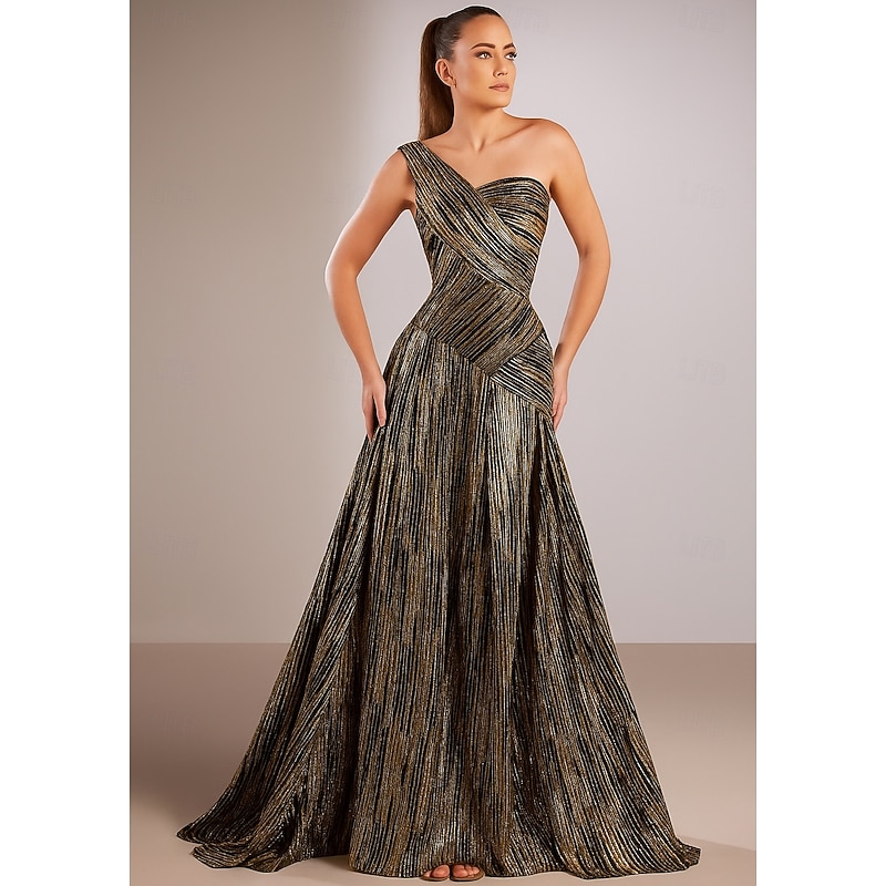 Black Gold A-Line Evening Gown Elegant Dress Formal Wedding Floor Length Sleeveless One Shoulder Pocket Pinstripe with Floral Print 2025