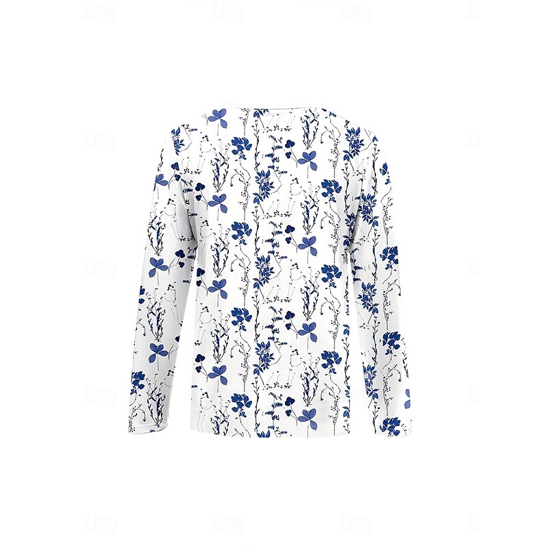 Women's T Shirt Graphic Striped Plants Elegant Vintage Stylish Long Sleeve V Neck Round Neck Notched Neck Regular Tops Daily Weekend Zipper Print Blue Spring Fall Winter3