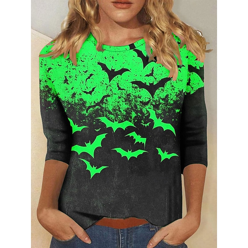 Halloween Women's T shirt Bat Long Sleeve Ombre Graphic Vintage Fashion Stylish Long Sleeve Crew Neck Round Neck Regular Tops Daily Weekend Print Blue Purple Orange Green Spring Fall Prefall4