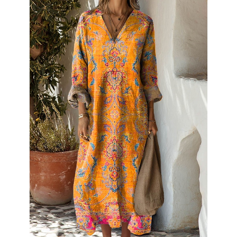 Women's Maxi Dress Sundress A Line Dress Vacation Casual Boho Party Holiday Beach Regular Fit Floral Graphic Geometric Long Sleeve V Neck Yellow Red Blue Orange Summer Spring Fall4
