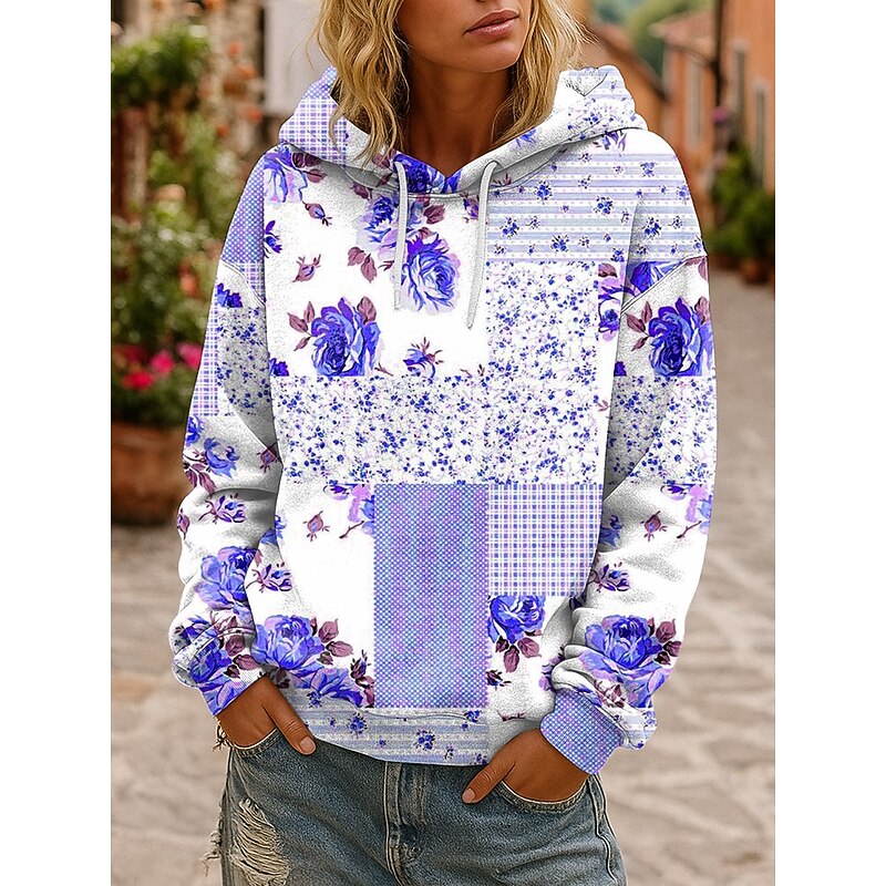 Women's 3D Print Vintage Boho Hoodie Patchwork Hoodie Sweatshirt Floral s Floral Graphic Vintage Retro Casual Long Sleeve Hooded  Street Casual Holiday Pink Blue Purple Green Spring Fall Winter3
