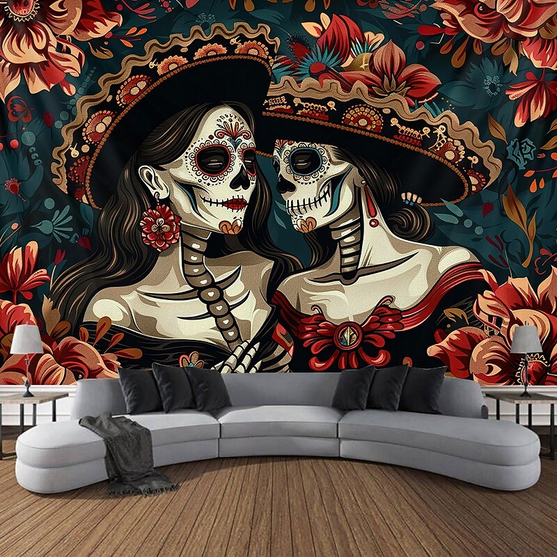 Day of the Dead Tapestry Banners Wall Hangings Skeleton Flower Mexico Dark Punk Gothic Style Party Dorm Shooting Backgrounds Home Decor