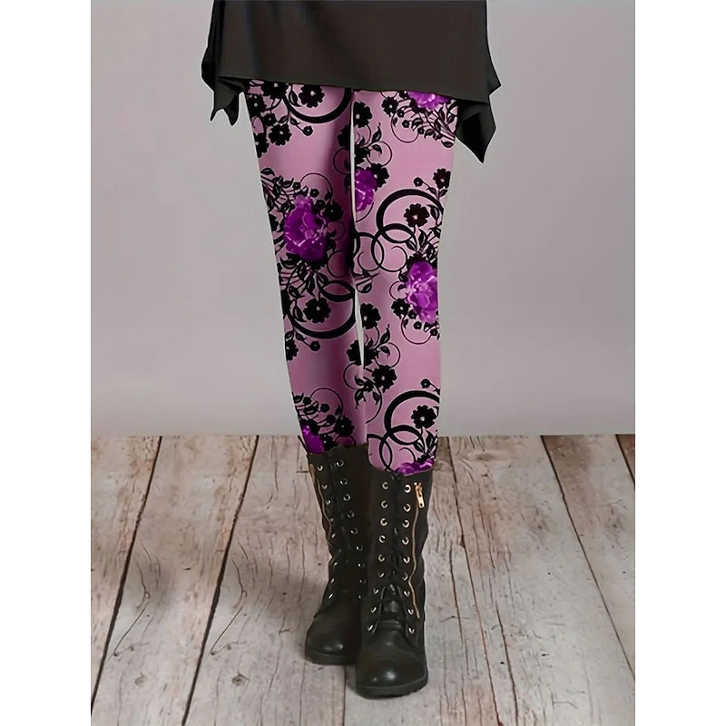 Women's Leggings Vacation Vintage Fashion Full Length High Waist Floral Graphic Printing Thermal Warm Soft Breathable Stretchy Formal Outdoor Vacation Blue Green Khaki Amethyst Spring Fall Slim Fit4