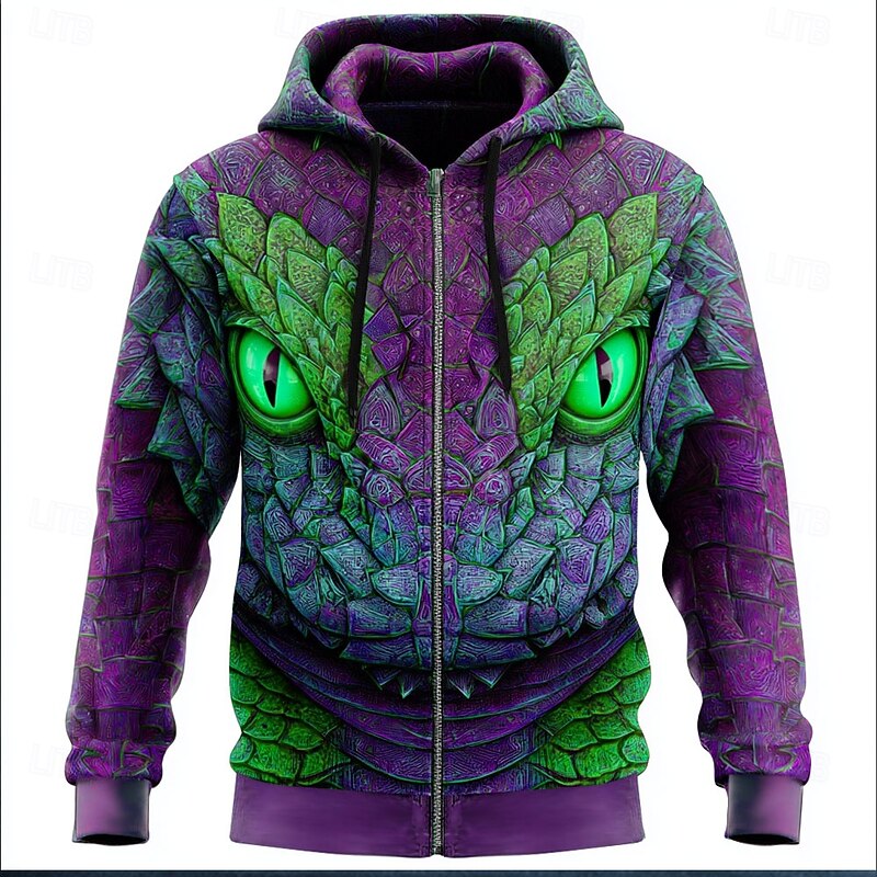 Men's Dragon 3D Hoodie Jacket Sweatshirt Fantasy All Over Print Zip Vacation Going out Streetwear Blue Dark Green Zipper Fall Winter Designer3