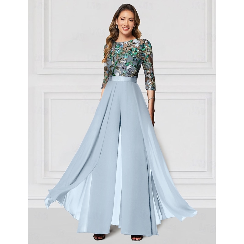 Floral Jumpsuit Embroidered Mother of the Bride  Formal Wedding Elegant Vintage Illusion Neck Floor Length Chiffon Half Sleeve with Sequin  Race Day Dress