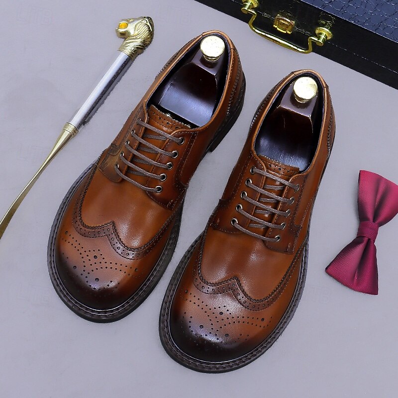 Men's Brown Leather Oxford Dress Shoes- Premium Full Grain Cowhide Brogues with Wingtip Detailing, Classic Lace-Up Design for Business Attire, Formal Meetings, and Office Wear4