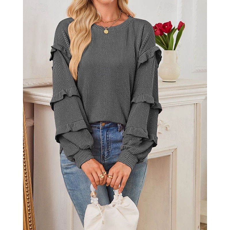 Women's Blouse Striped Modern Casual Long Sleeve Lantern Sleeve Crew Neck Regular Tops Daily Holiday Ruched Black Fall2