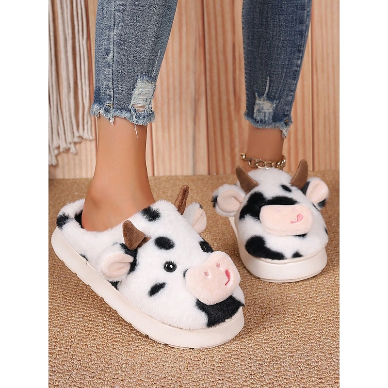 Women's Cute Plush Cow Slippers with 3D Animal Design and Soft Lining – Cozy Indoor Winter House Shoes for Home and Holiday Gifting