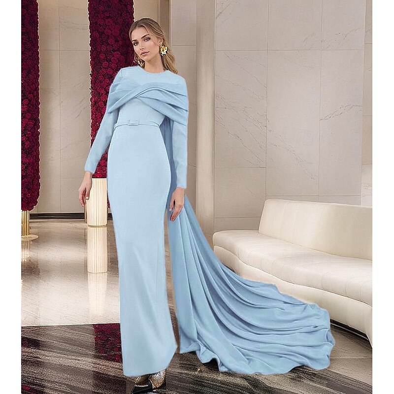 Red Formal Cape Dress Gown Mermaid / Trumpet Evening Gown Elegant Dress Formal Wedding Court Train Long Sleeve Crew Neck Stretch Crepe with Pleats 20254