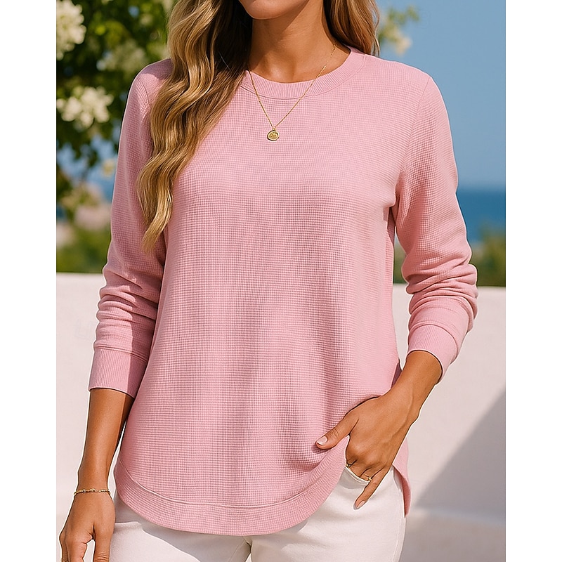 Women's Pullover Sweatshirt Casual Tops Waffle Long Sleeve Top Athleisure Fall Solid Colored Lightweight Outdoor Travel Sports Sportswear Activewear Black White Pink