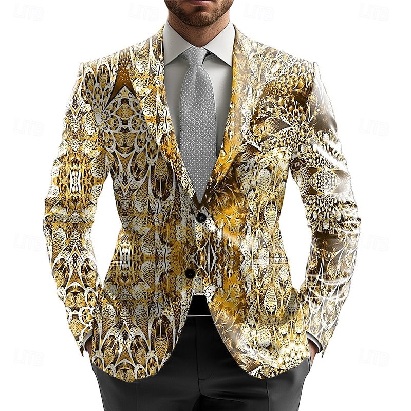 Men's Blazer Jacket Formal Stylish Casual Daily All Seasons 100% Polyester Weaving Jeweled 3D Print Buttons Comfortable Single Breasted Blazer Red Gold Green