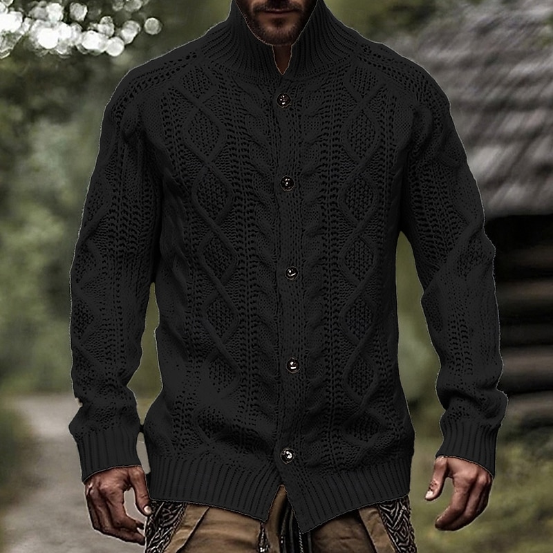 Men's Cardigan Sweater Cardigan Chunky Cardigan Cardigan Jacket Ribbed Crochet Knit Regular Tops Basic Solid / Plain Color Standing Collar Fashion Classic Vacation Daily Wear Clothing Apparel Fall2
