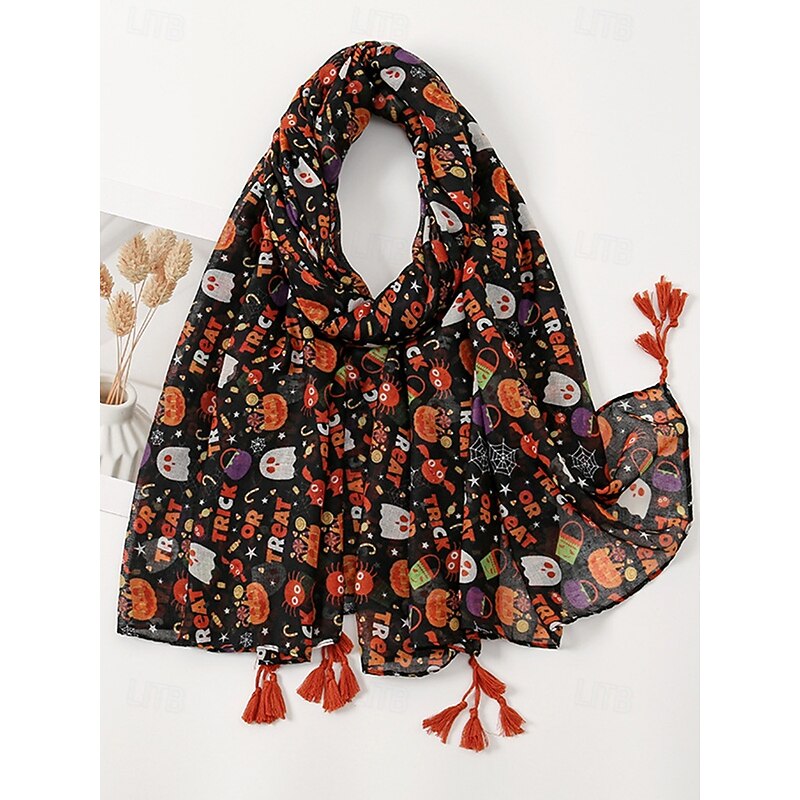 Women's Halloween Trick or Treat Scarf – Lightweight Pumpkin Ghost Print Shawl with Tassels for Costume Parties, Autumn Fashion and Festive Wear3