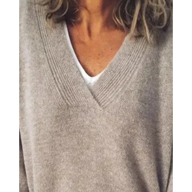 Women's Sweater Fashion Solid Color Ribbed V Neck Knitted Long Sleeve Regular Tops Knit Holiday Going out Weekend Khaki Winter3