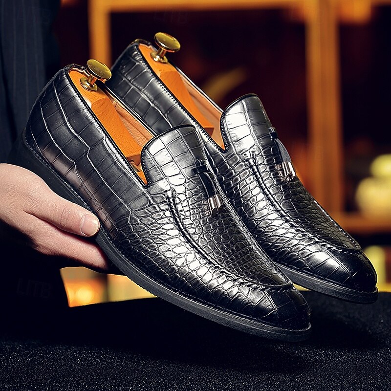 Men's Black Croc-Embossed Slip-On Loafers – Fashionable Dress Shoes for Office and Evening Events2