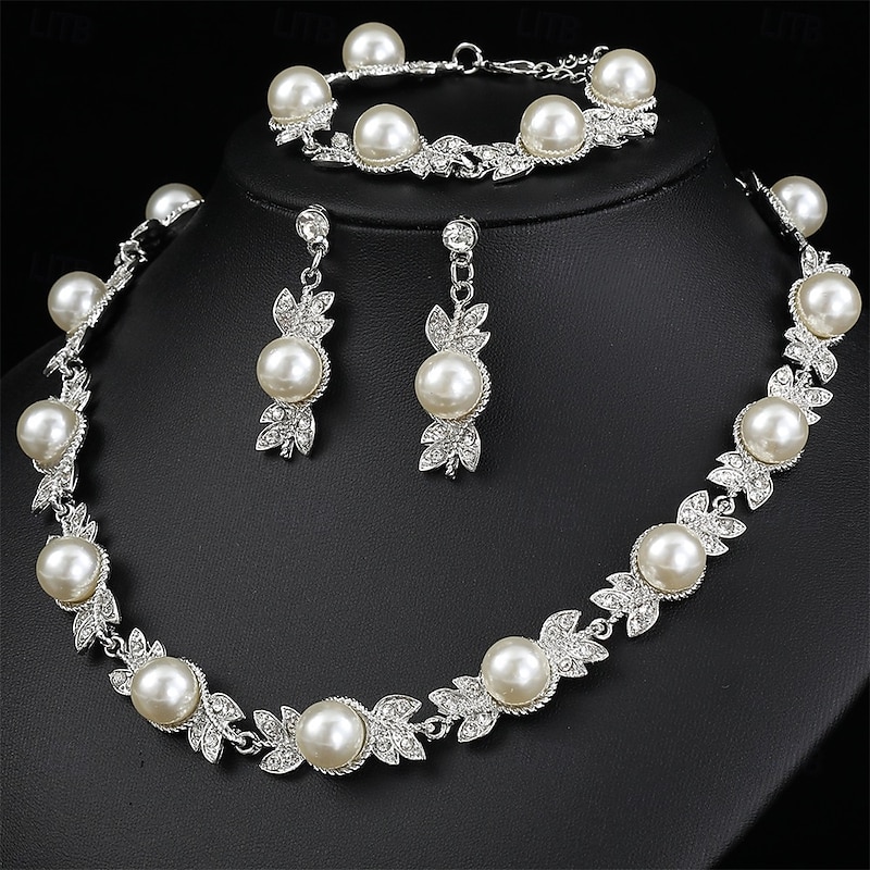 Jewelry Set Three-piece Suit White Pearl Chrome 1 Bracelet Earrings Necklace Women's Elegant Vintage Fashion Vintage Style Classic Jewelry Set For Wedding Party Wedding Guest3
