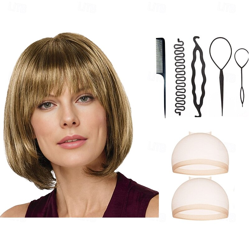 Bob Wig with Natural Looking Crown and Flirty Bangs/Multi-tonal Shades of Blonde Silver Brown and Red With 2PCS HD Wig Cap and Hairdressing Tool Set4