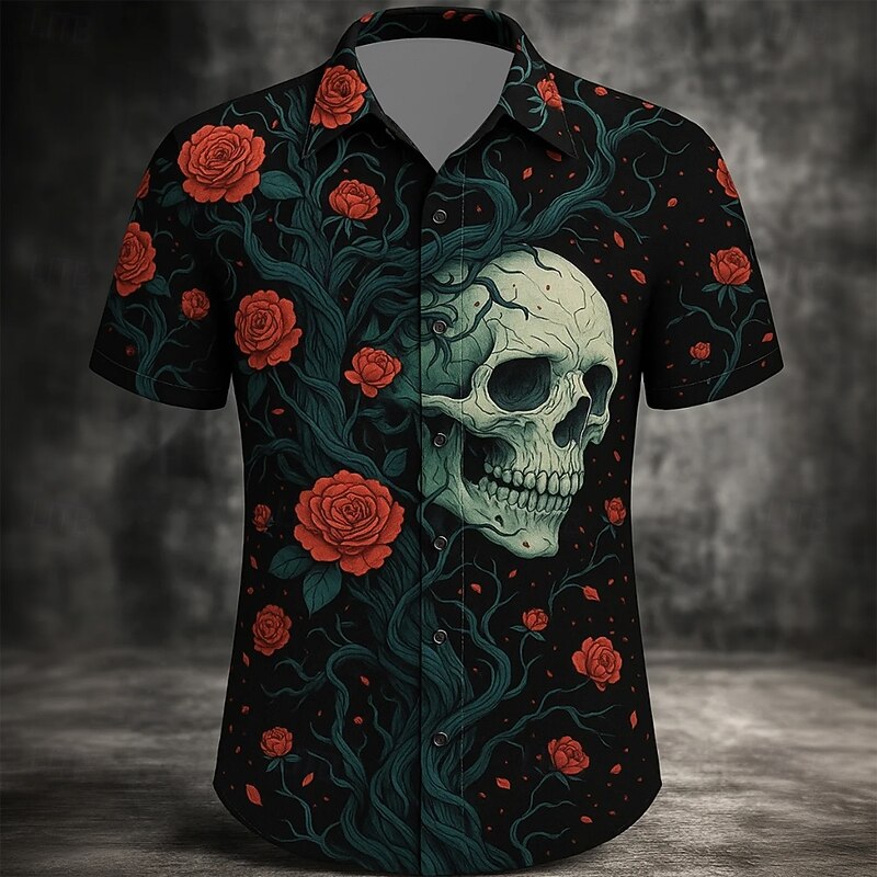 Men's Skull Halloween Costumes Day of the Dead Shirt Button Up Shirt Short Sleeve Dark Punk Gothic Style Holiday Summer Spring Turndown 3D Print Collared Shirts Black