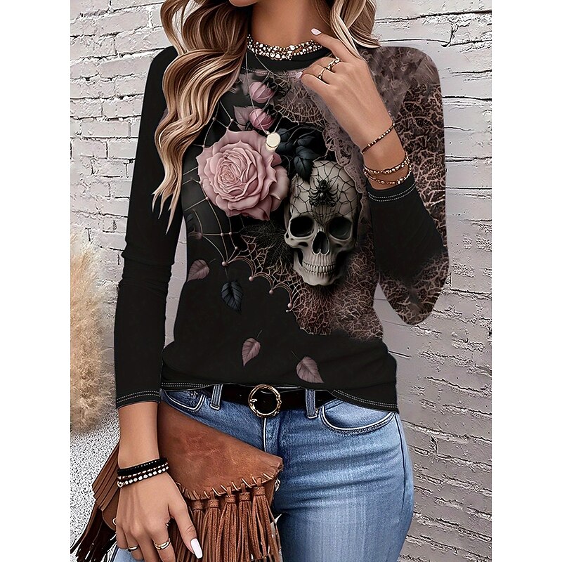 Halloween Women's T Shirt Skulls Floral Graphic Vintage Stylish Classic Long Sleeve Crew Neck Round Neck Regular Tops Daily Print Dusty Rose Spring Fall Winter