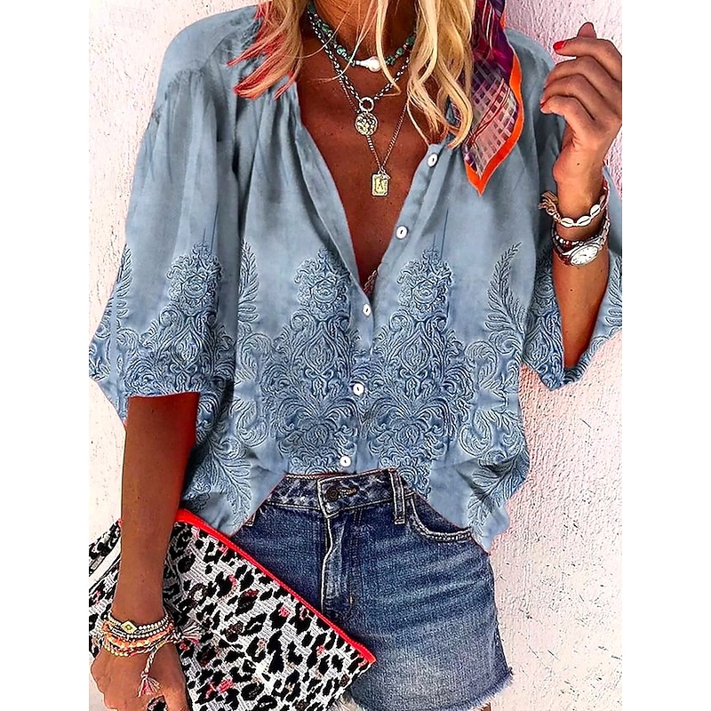 Women's Summer Tops Floral Graphic 3D Bohemia Vintage Daily 3/4 Length Sleeve Half Sleeve V Neck Regular Tops Daily Holiday Beach Wear Ruched Embroidered Print Denim Blue Navy Blue Light Blue Summer