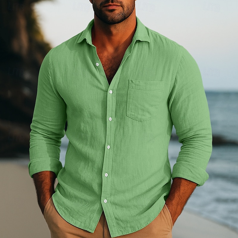 Men's Shirt Linen Shirt Plain Vacation Casual Pink Navy Blue Green Gray Long Sleeve Turndown Summer Spring Clothing Apparel Pocket4
