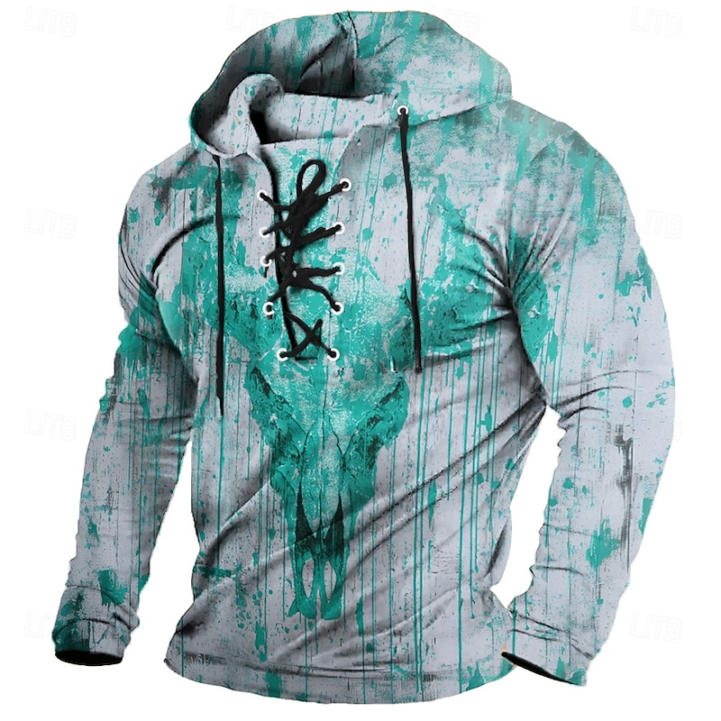 Halloween Men's Blood Splatter Blood stains Punk Stylish Long Sleeve Hooded Streetwear Lake blue Red Drawstring Fall Winter Designer4