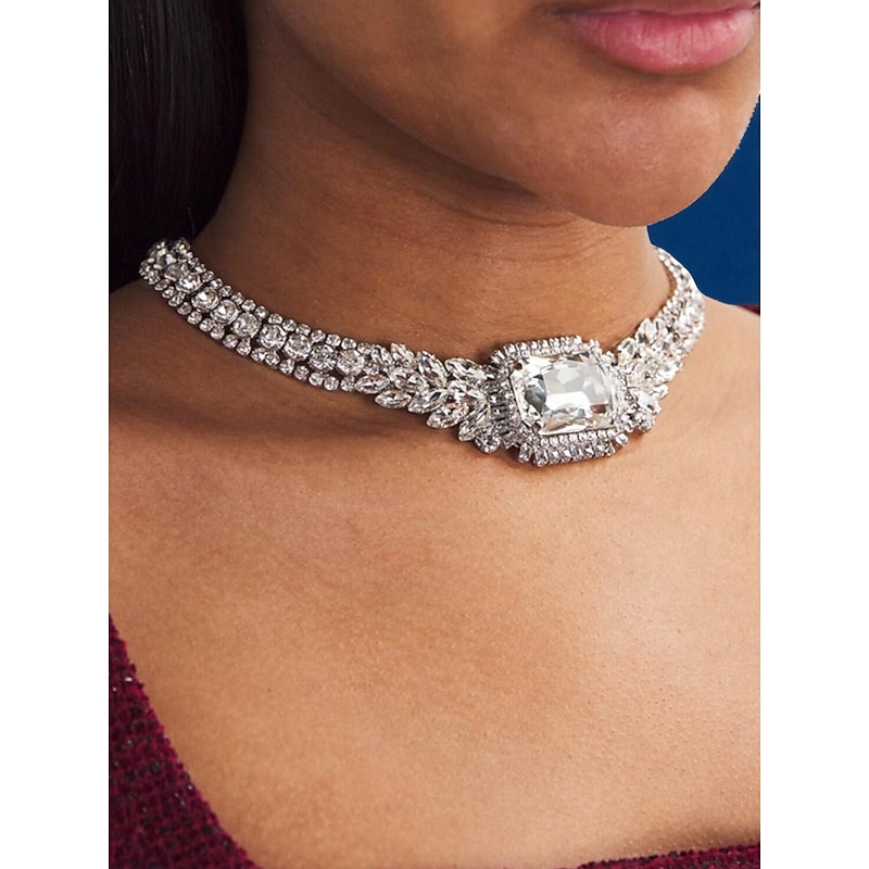 Women's Crystal Choker Necklace with Large Center Gem - Elegant Statement Jewelry for Brides, Prom Nights and Formal Evening Events