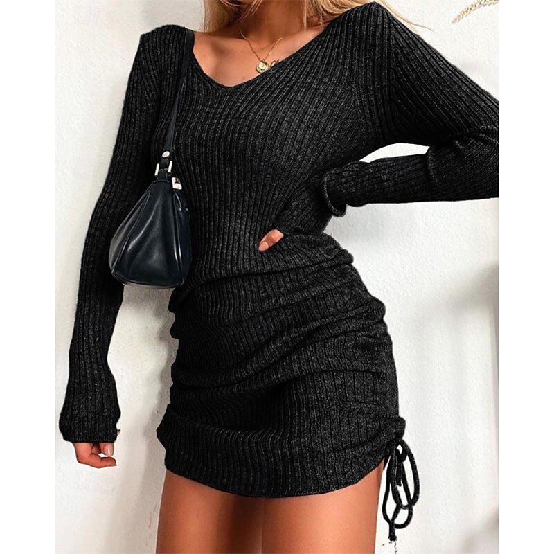 Women's Mini Dress Sweater Dress Fashion Modern Outdoor Vacation Holiday Regular Fit Plain Long Sleeve V Neck Black Yellow Wine Dark Green Fall4