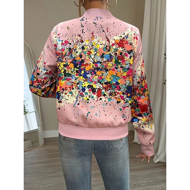 Women's Casual Jacket Warm Quick Dry Zipper Pocket Elegant Fashion Daily Simple Floral Vacation Casual Daily Holiday Baseball Collar Regular Fit Long Sleeve Outerwear Black White Pink Fall4