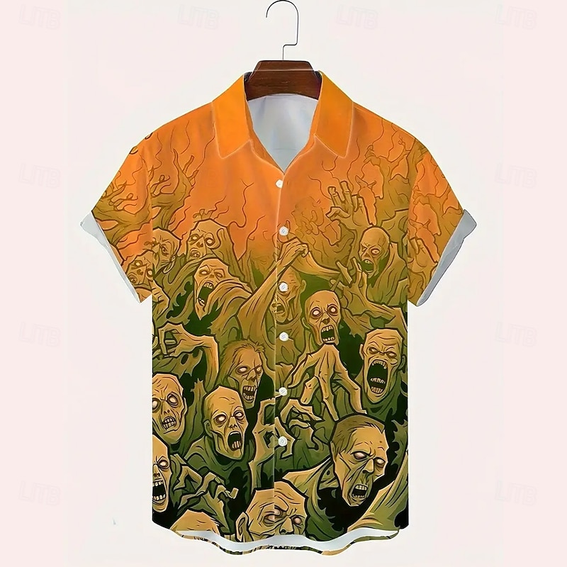 Halloween Men's Halloween Costumes Skulls Shirt Summer Shirt Button Up Shirt Short Sleeve Dark Gothic Style Holiday Summer Spring Turndown 3D Print Collared Shirts Front One Pocket Black Pink Blue2
