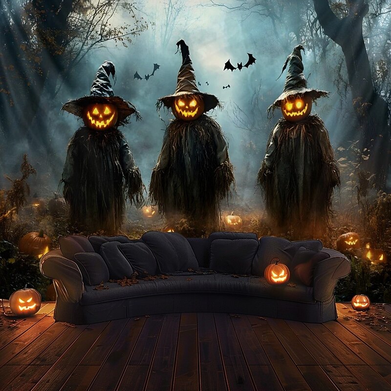 Halloween Wall Tapestry backdrop – Three Creepy Pumpkin Head Witches in Foggy Haunted Forest with Glowing Jack-O'-Lanterns and Bats, Spooky Wall Hanging Decoration for bedroom and living room2