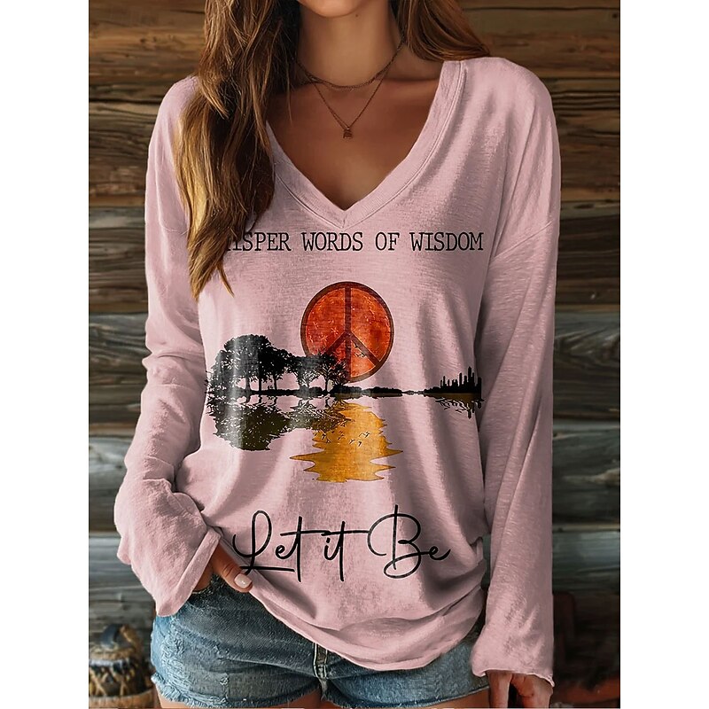 Women's T shirt Long Sleeve Graphic Letter Vintage Stylish Classic Long Sleeve V Neck Regular Tops Daily Weekend Print Yellow Pink Brown Green Spring Fall Prefall3
