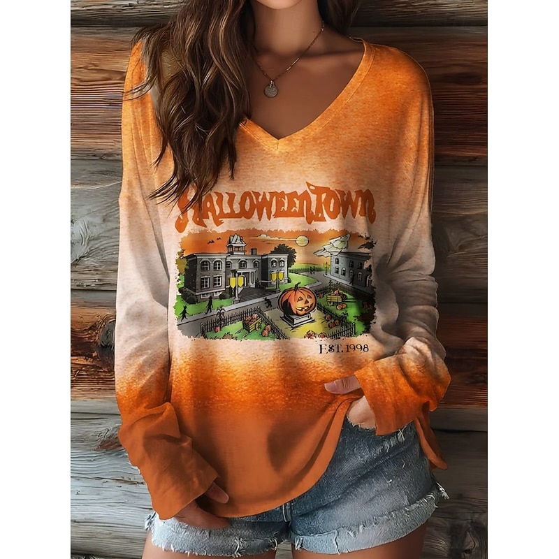 Halloween Women's T shirt Pumpkin Graphic Elegant Vintage Stylish Long Sleeve V Neck Regular Tops Daily Going out Weekend Print Black Purple Orange Brown Spring Fall3