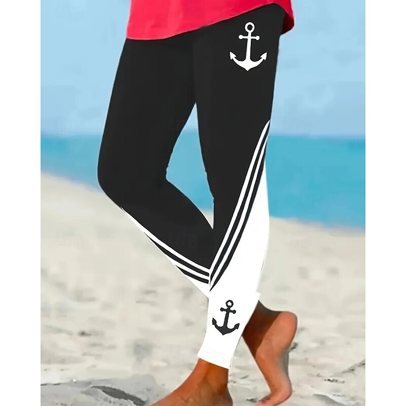 Women's Pants Trousers Leggings Cozy Leggings Streetwear Casual Full Length High Waist Color Block Elastic Waist Print Breathability Comfortable Stretchy Vacation Street Daily Wear Black Navy Blue3