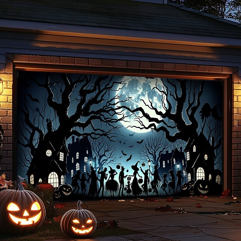 Halloween Tapestry Garage Door Cover Large Hanging Backdrop Castle Dark Punk Gothic Style Party Outdoor Shooting Backgrounds Front Door Home Decor4