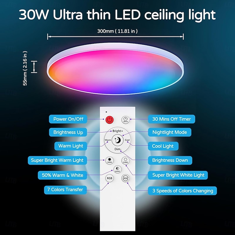 Smart LED Ceiling Light WiFi, RGB Flush Mount Ceiling Light Fixture, 16 Million DIY Colors, Compatible with Alexa Google Home, 2700K-6500K Ceiling Lights for Bedroom Living Room3