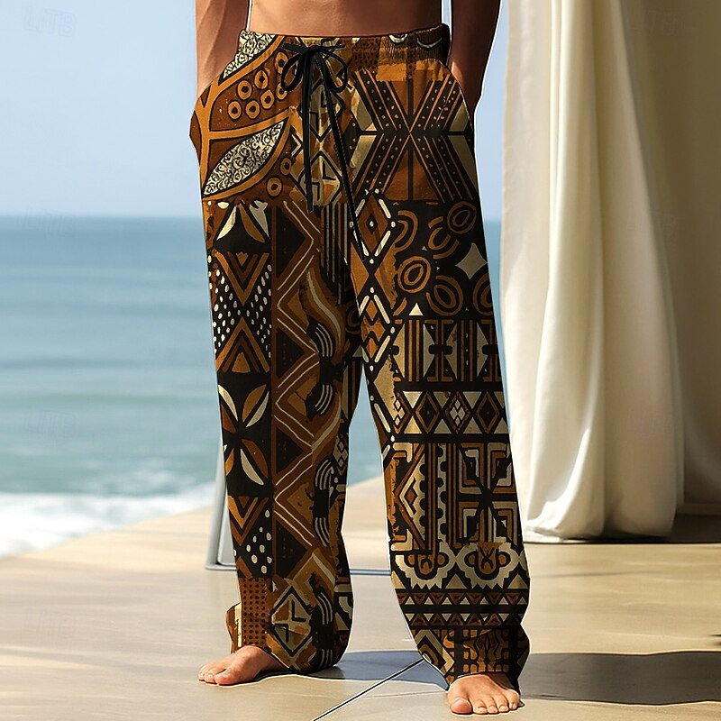 Men's Geometric Ethnic Trousers Baggy Pants Casual Pants Mid Waist Vintage Retro Outdoor Vacation Streetwear Elastic Drawstring Waist Linen-Like Pants with Pockets Spring Fall 3D Print Brown Green2