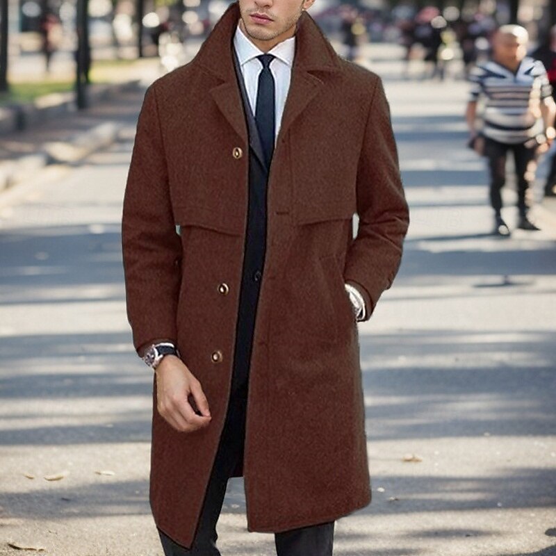 Men's Overcoat Trench Coat Long Trench Coat Vacation Daily Fall Winter Polyester Windproof Warm Outerwear Clothing Apparel Fashion Classic Plain Pocket Lapel Single Breasted4