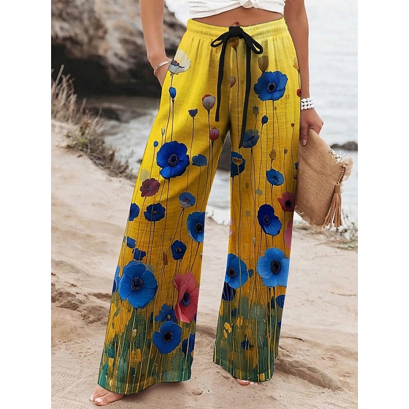 Women's Wide Leg Pants Trousers Vacation Casual Long High Waist Floral Elastic Waist Printing High Cut Breathability Soft Micro-elastic Vacation Street Daily Wear Yellow Spring Fall Regular Fit