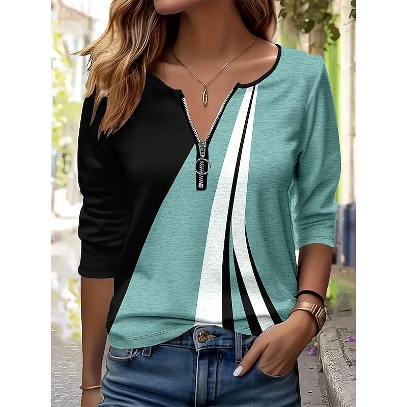 Women's T Shirt Graphic Geometric Abstract Elegant Vintage Stylish Long Sleeve Round Neck Notched Neck Regular Tops Daily Weekend Zipper Print Sage Green Spring Fall Winter