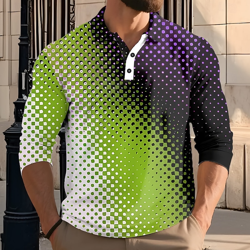 Men's Abstract Geometic Polo Long Sleeve Polo Shirts Lapel Casual Athleisure Daily Wear 3D Print Buttons Spring Fall Winter Red Blue Green3
